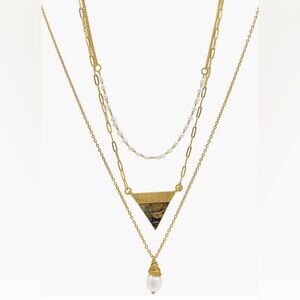 Gold Plated Layered Necklace with Pearl Pendant